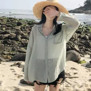 Весенне-летние модные женские свободные однотонные шифоновые блузки с длинными рукавами, топы, женские повседневные рубашки Meryl, защитные рубашки от солнца S зелёный