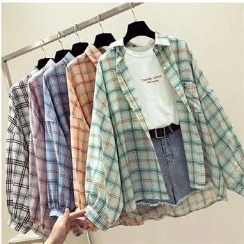 Весенне-летние модные женские винтажные свободные клетчатые блузки с длинными рукавами, топы, женские шифоновые повседневные рубашки, рубашки с защитой от солнца S оранжевый