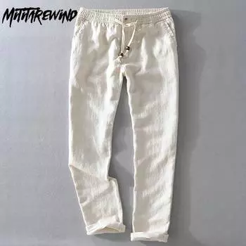 Весенне-летние мужские брюки из 100% льна, повседневные дышащие повседневные брюки с завязками и эластичной резинкой на талии, брюки цвета хаки, простые стильные мужские брюки 30 белый