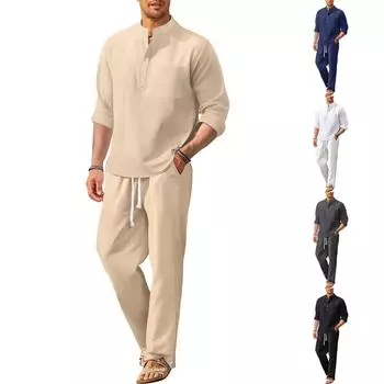 Весенне-летние мужские хлопковые льняные брюки с длинными рукавами, мужской повседневный свободный костюм L бежевый