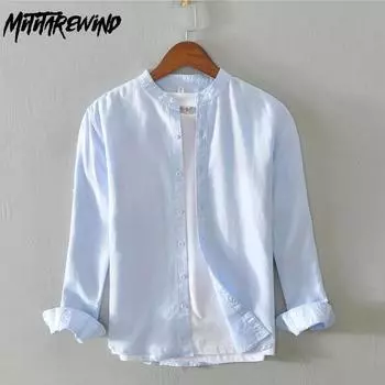 Весенне-летние мужские рубашки с длинным рукавом 4XL, повседневная повседневная рубашка, сплошной цвет, воротник-стойка, хлопковое белье, дышащая рубашка, простой стиль, универсальные мужские топы S белый