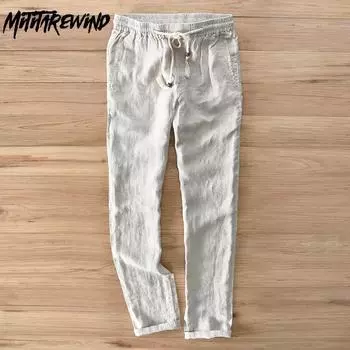 Весенне-летние новые мужские брюки из натурального льна, длинные брюки, однотонные брюки с эластичной резинкой на талии, повседневные брюки 30 синий