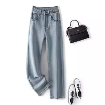 Весенне-летние новые простые и универсальные джинсы с высокой талией, женские эластичные облегающие брюки 9/4, прямые повседневные клубные брюки S светло-синий