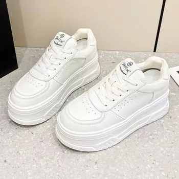 Весенне-летние новые туфли для маффинов на толстой подошве, повседневные универсальные кожаные женские туфли с внутренней стороны, маленькие белые туфли на шнуровке на толстой подошве 34 белый