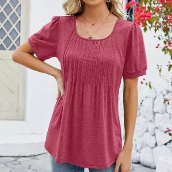 Весенне-летние плиссированные футболки, однотонная женская верхняя модная футболка с коротким рукавом и круглым вырезом M