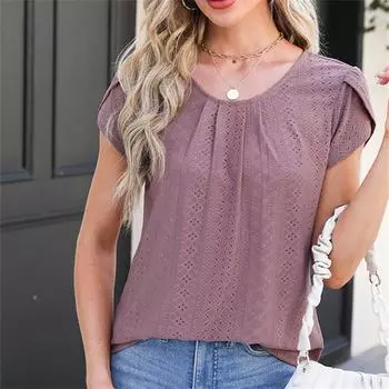 Весенне-летние плиссированные рубашки с рукавами Petel, однотонный женский топ, модная блузка с короткими рукавами и круглым вырезом M чёрный