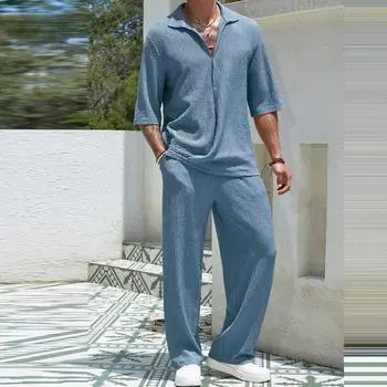 Весенне-летние повседневные хлопковые рубашки и брюки, костюмы, мужские винтажные кардиганы с короткими рукавами, нерегулярные комплекты из двух предметов, мужская одежда 3XL чёрный