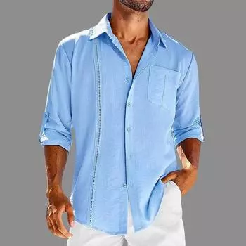 Весенне-летние повседневные кружевные лоскутные рубашки, классические однотонные мужские льняные рубашки с лацканами и длинными рукавами, мужская одежда S синий