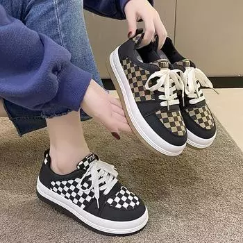 Весенне-летние повседневные модные кроссовки на плоской подошве в новом стиле с круглым носком на шнуровке в клетку с цветными блоками Удобная женская прогулочная обувь 35