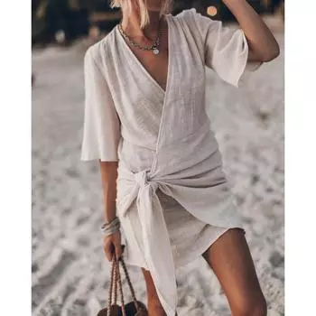 Весенне-летние повседневные платья с V-образным вырезом крест-накрест, однотонные, с короткими рукавами S белый