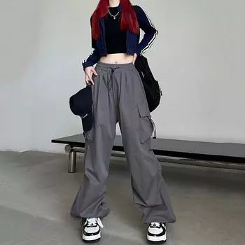 Весенне-летние повседневные женские брюки-карго, уличная одежда, модные мешковатые брюки с эластичной резинкой на талии, женские брюки большого размера до щиколотки S чёрный