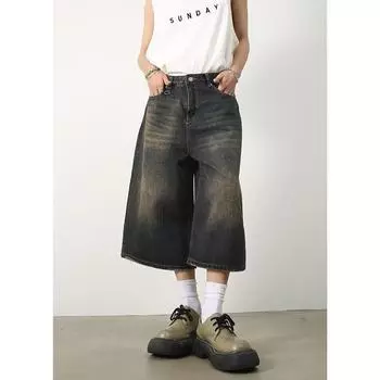 Весенне-летние ретро Y2k мешковатые шорты для женщин и мужчин с низкой талией, укороченные джинсы Acubi, потертые джинсовые повседневные широкие брюки, модные 3XL чёрный