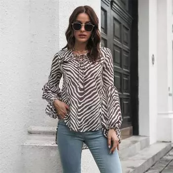 Весенне-летние рубашки на шнуровке для женщин, модные повседневные элегантные блузки или топы с длинными рукавами в полоску зебры и шикарные женские топы S