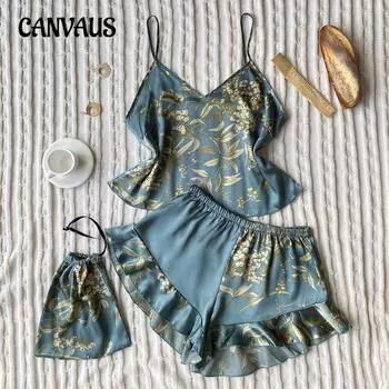 Весенне-летние шелковые пижамы с имитацией моделирования из двух частей, модные шорты с принтом, домашний костюм, сексуальные платья с бретельками для женщин