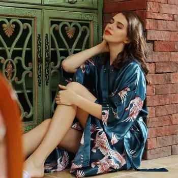 Весенне-летние шелковые пижамы женские с принтом журавля, длинная сексуальная удобная домашняя ночная рубашка, свободная ночная рубашка S