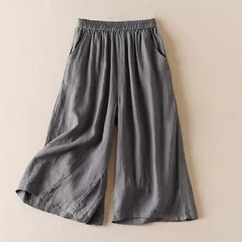 Весенне-летние широкие укороченные брюки, повседневные брюки, женские однотонные брюки с эластичной резинкой на талии, семь точек M серый