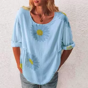 Весенне-летние свободные хлопковые льняные топы больших размеров, женская блузка с круглым вырезом и половиной рукавов с цветочным принтом хризантемы S белый