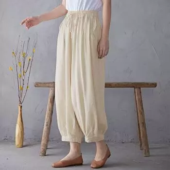 Весенне-летние свободные зауженные брюки из хлопка и льна в стиле ретро, повседневные брюки с эластичной резинкой на талии, женские шаровары S зелёный