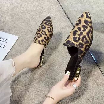 Весенне-летние тапочки больших размеров с леопардовым принтом на остром толстом каблуке и полутапочки женская обувь 35 хаки