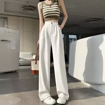 Весенне-летние текстурированные плиссированные прямые женские брюки, новые свободные повседневные широкие брюки с высокой талией, модные элегантные длинные брюки 617 S белый