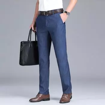 Весенне-летние тонкие джинсы Tencel, мужские свободные прямые мужские брюки из ледяного шелка среднего возраста с высокой талией 28