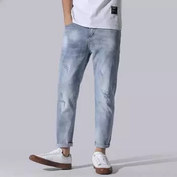 Весенне-летние тонкие укороченные брюки, мужские корейские облегающие джинсы с косым ремнем на небольшую ногу, мужская одежда 28