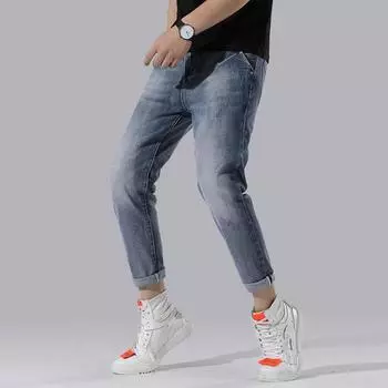 Весенне-летние тонкие укороченные брюки, мужские корейские облегающие джинсы с косым ремнем на небольшую ногу, мужская одежда 28