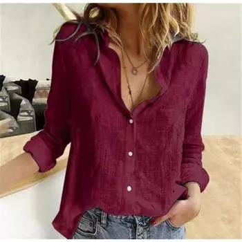 Весенне-летние топы, женская однотонная хлопково-льняная рубашка, свободная блузка с длинными рукавами и лацканами на пуговицах S темно-синий