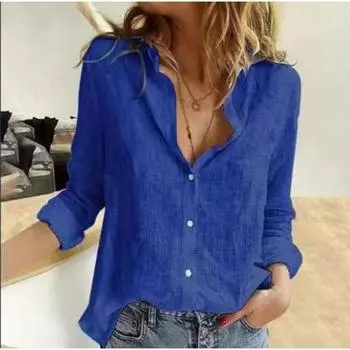 Весенне-летние топы, женская однотонная хлопково-льняная рубашка, свободная блузка с длинными рукавами и лацканами на пуговицах S темно-синий