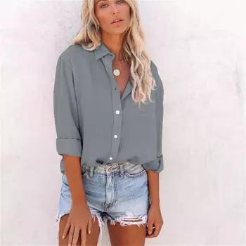 Весенне-летние топы, женская однотонная хлопково-льняная рубашка, свободная блузка с длинными рукавами и лацканами на пуговицах S чёрный