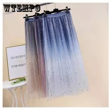 Весенне-летние юбки, женская длинная тюлевая юбка, плиссированная трапециевидная юбка с блестками, шикарная юбка с высокой талией XXL