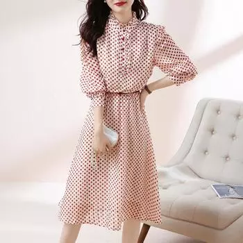 Весенне-летние женские элегантные длинные платья в горошек, милые шифоновые платья с пышными рукавами
