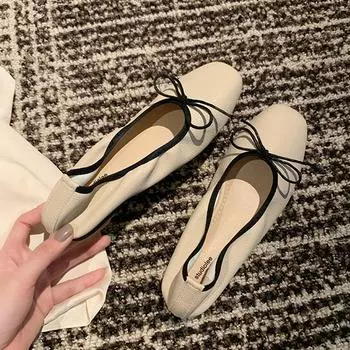 Весенне-летние женские балетки с нежным бантом и квадратным носком, с неглубоким горлом, плоской подошвой и мягкой подошвой 34 розовый