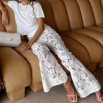Весенне-летние женские брюки, кружевные расклешенные брюки S белый