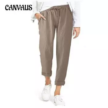 Весенне-летние женские брюки на шнурке с карманами и высокой талией, свободные повседневные брюки из хлопка и льна больших размеров S хаки