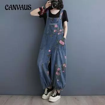 Весенне-летние женские брюки с открытой спиной, ретро, большие размеры, свободный джинсовый комбинезон, повседневный комбинезон со сборками на ногах L