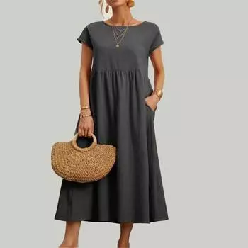 Весенне-летние женские длинные хлопковые льняные платья большого размера, однотонное повседневное платье с коротким рукавом и круглым вырезом