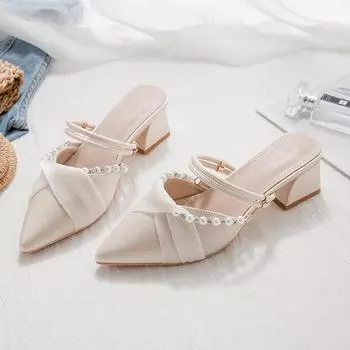 Весенне-летние женские французские босоножки на среднем высоком каблуке, французские сандалии на два ношения, сандалии с запахом, женская обувь на толстом каблуке с острым носком 35 абрикосовый