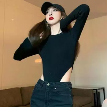 Весенне-летние женские футболки с длинным рукавом, модные женские повседневные комбинезоны, эластичный тонкий пуловер, рубашка, топы, боди, сексуальная футболка S чёрный