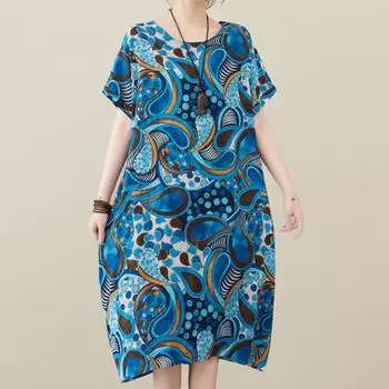 Весенне-летние женские хлопковые льняные платья большого размера, повседневное платье с круглым вырезом и коротким рукавом с цветочным принтом One Size