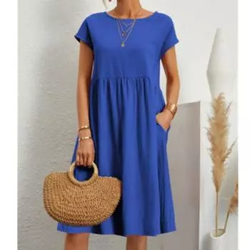 Весенне-летние женские хлопковые льняные платья большого размера, однотонное повседневное платье с коротким рукавом и круглым вырезом S