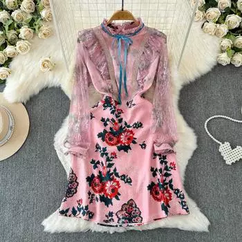 Весенне-летние женские кружевные лоскутные розовые вечерние платья с длинными рукавами и принтом M розовый