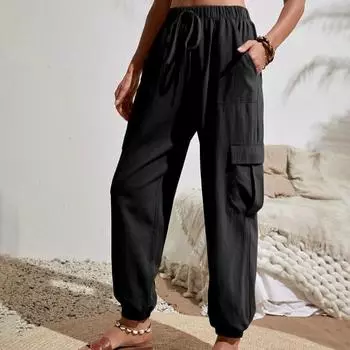 Весенне-летние женские модные универсальные однотонные повседневные комбинезоны с карманами на резинке, женские брюки XL чёрный