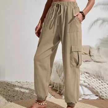 Весенне-летние женские модные универсальные однотонные повседневные комбинезоны с карманами на резинке, женские брюки XL чёрный