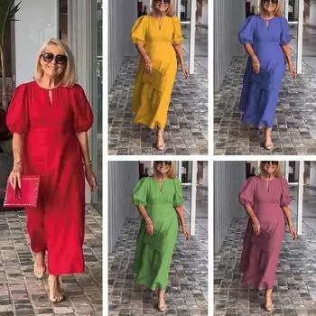 Весенне-летние женские однотонные свободные повседневные платья с круглым вырезом и рукавами-пузырьками 5XL белый