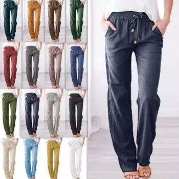 Весенне-летние женские однотонные свободные повседневные широкие брюки из хлопка и льна с завязками XXXL белый