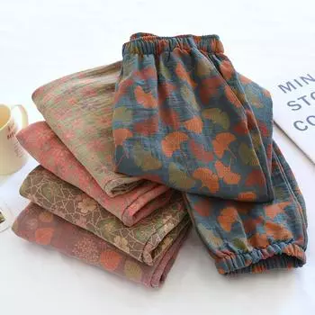 Весенне-летние женские пижамы, хлопковые креповые брюки, женские удобные свободные домашние брюки с большим листом, тонкая подошва M бежевый