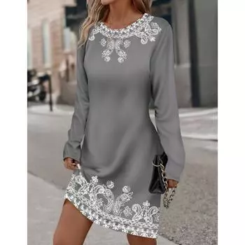 Весенне-летние женские платья с круглым вырезом и длинными рукавами, платье с цветочным принтом и растительным принтом S чёрный