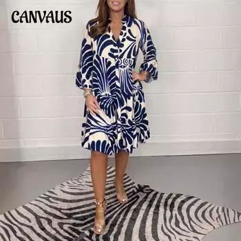 Весенне-летние женские платья с принтом, свободные повседневные платья S синий