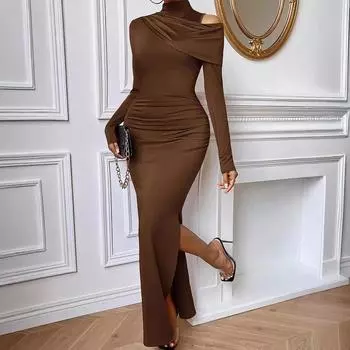 Весенне-летние женские платья с высоким воротом без бретелек, модные, сексуальные, облегающие, с одним шагом, с пакетом на бедрах S кофейный